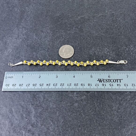 Sterling Liquid Silver 925 Cone Tip Braided Gold Synthetic Cat's Eye Bracelet 7" - Picture 4 of 5